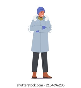 Cold Weather Concept. Freezing Male Character Wearing Warm Winter Clothes, Hat and Mittens Stand Trying to Warm. Low Minus Degrees Temperature, Wintertime Season Freeze. Cartoon Vector Illustration