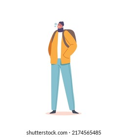 Cold Weather Concept. Freezing Male Character Wear Warm Winter Clothes and Hat Stand with hand in Pockets Trying to Warm. Low Minus Degrees Temperature, Wintertime Freeze. Cartoon Vector Illustration