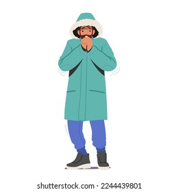 Cold Weather Concept. Freezing Male Character Wearing Warm Winter Clothes Trying to Warm his Hands. Low Minus Degrees Temperature, Wintertime Season Freeze. Cartoon Vector Illustration