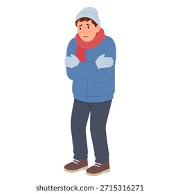 Conceito De Tempo Frio. Homem tremendo e sofrendo de geada. Época de inverno. Temperatura baixa.  Ilustração de vetor