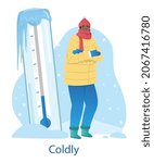 Cold weather concept. Young Man in outerwear, hat and scarf standing next to large thermometer. Low air temperature in winter season. Character freezes. Cartoon modern flat vector illustration
