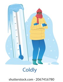 Cold weather concept. Young Man in outerwear, hat and scarf standing next to large thermometer. Low air temperature in winter season. Character freezes. Cartoon modern flat vector illustration