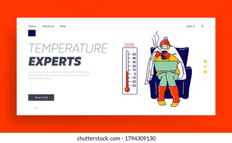 Cold Weather Freeze Landing Page Template. Freezing Female Character Wrapped in Warm Winter Clothes with Hot Drink Work on Laptop, Thermometer Show Low Degrees Temperature. Linear Vector Illustration