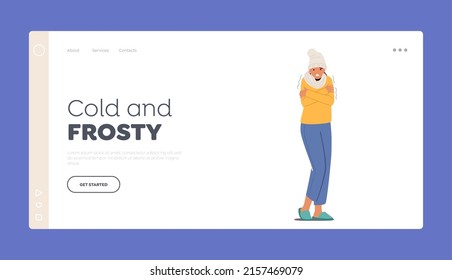 Cold Weather, Freeze Landing Page Template. Freezing Female Character Wrapped in Warm Winter Clothes, Hat, Scarf Shivering due to Low Minus Degrees Temperature at Home. Cartoon Vector Illustration