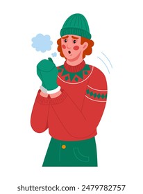 Cold weather. Freezing man. Guy shivering from frost. Winter season. Warm outerwear. Low temperature. Hat and sweater. Unhappy trembling person. Frosty breath steam. Wintertime clothes. Vector concept