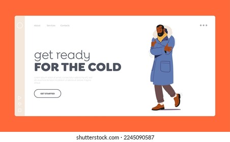 Cold Weather, Freezing People Landing Page Template. Black Male Character Wrapped in Warm Winter Clothes Tremble and Suffering of Cold Temperature or Freeze Outdoors. Cartoon Vector Illustration