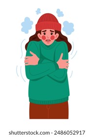 Cold weather. Freezing woman. Girl shivering and suffering from frost. Winter season. Warm outerwear. Low temperature. Unhappy trembling person. Frosty breath steam. Wintertime clothes. Vector concept