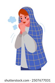 Cold weather. Freezing woman. Girl shivering and suffering from frost. Winter season. Warm outerwear. Low temperature. Unhappy trembling person. Frosty breath steam. Wintertime clothes. Vector concept