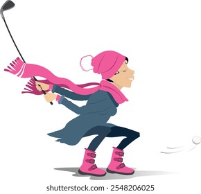 Cold weather. Golfer woman on the golf course.
Rainy and windy day. Golf course. Cheerful golfer young woman aiming to do a good shot
