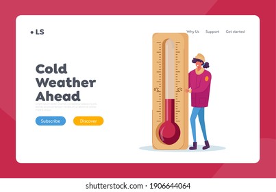 Cold Weather Landing Page Template. Freezing Female Character Wear in Warm Winter Clothes Stand at Huge Thermometer Show Low Minus Degrees Temperature, Wintertime Freeze. Cartoon Vector Illustration