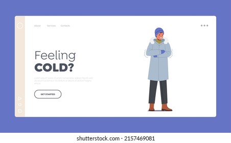 Cold Weather Landing Page Template. Freezing Male Character Wearing Warm Winter Clothes, Hat and Mittens. Low Minus Degrees Temperature, Wintertime Season Freeze. Cartoon Vector Illustration