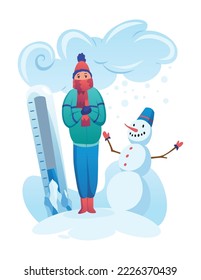 Cold weather. Meteorology thermometer illustration. Cartoon male character in winter season. Cloudy weather