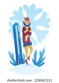 Cold weather. Meteorology thermometer illustration. Cartoon male character in winter season. Cloudy weather