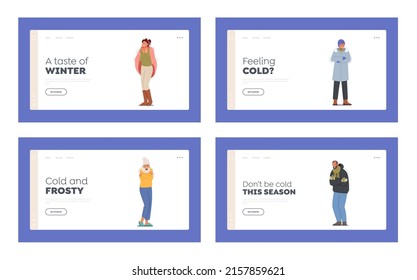 Cold Weather Page Template Set. Freezing People Characters Wearing Warm Winter Clothes Suffering of Low Minus Degrees Temperature, Wintertime Season Freeze. Cartoon Vector Illustration