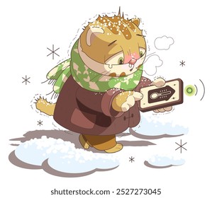 Cold weather season cat adjust home heat temperature with smartphone. Vector cartoon illustration