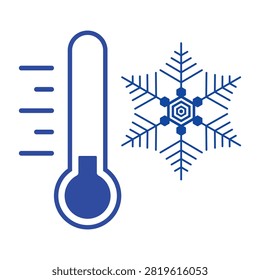 Cold weather temperature icon with thermometer and snowflake. Flat blue vector illustration for winter climate forecast, freezing point, air conditioning cooling system and frost symbol.
