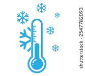 Cold weather thermometer with snowflake vector icon. Keep frozen label. Storage in refrigerator and freezer. Cold temperature for winter design concept.