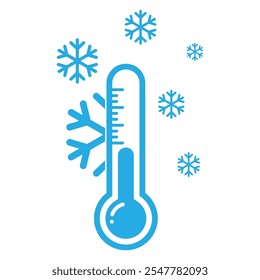 Cold weather thermometer with snowflake vector icon. Keep frozen label. Storage in refrigerator and freezer. Cold temperature for winter design concept.