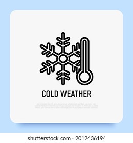 Cold weather thin line icon: snowflake with thermometer. Winter weather. Modern vector illustration.