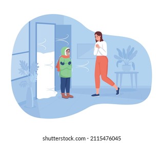 Cold weather in winter 2D vector isolated illustration. Freezing child. Kid coming home to worried mom flat characters on cartoon background. Everyday situation and common tasks colourful scene