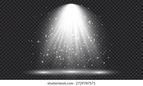Cold white lighting with spotlight. Scene illumination effects on a dark transparent background. Vector illustration. Not AI generated