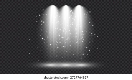 Luz branca fria com três holofotes. Efeitos de iluminação da cena em um fundo transparente escuro. Ilustração vetorial. Não gerada por IA