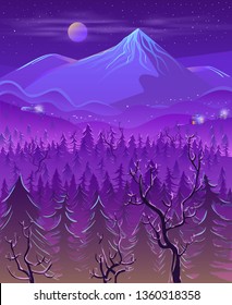 Cold and wild northern land night landscape cartoon vector in violet neon colors with full moon disk in mist under snow-cowered mountain peak or hill, spruce trees forest and village houses lights