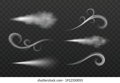 Cold Wind Blow Icons Set In Fancy Curved Shapes, Realistic Vector Illustration Isolated On Transparent Background. White Smoke Or Freezing Breath Curve Trails.