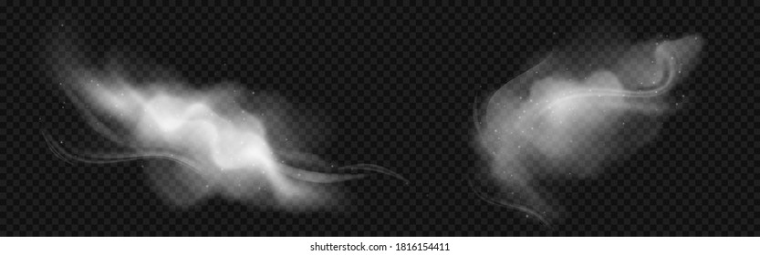 Cold Wind Effects With White Smoke And Flying Snowflakes. Vector Realistic Set Of Frost Blowing Air, Winter Blizzard Breeze. Flow Of Frozen Fog Clouds With Snow Isolated On Transparent Background