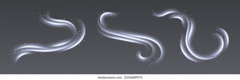 Viento frío con nieve, efecto de flujo de aire, movimientos de congelación de invierno, senderos de luz brillante. Superposición de vapor de hielo. Rutas brillantes y giros con estrellas. Curvas luminiscentes abstractas. Decoración vectorial de Navidad.