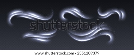 Cold wind with snow, air flow effect, winter freezing swirls, glowing light trails. Icy vapour overlay. Glowing twirls and swirls with stars. Abstract luminescent curves. Christmas vector decoration.