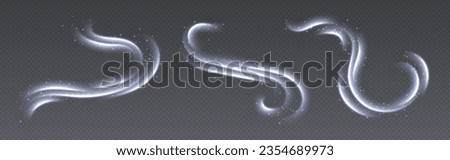 Cold wind with snow, air flow effect, winter freezing swirls, glowing light trails. Icy vapour overlay. Glowing twirls and swirls with stars. Abstract luminescent curves. Christmas vector decoration.