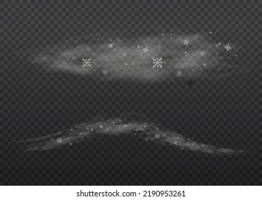 Cold wind with snow blow, winter weather with white smoke flying snowflakes. Christmas effect of a cold blizzard. Freezing breath curve trails. Flow snowy smoky stream, icy vapor. Vector illustration