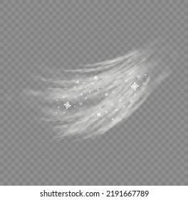 Cold wind with snow blow, winter weather with white smoke flying snowflakes. Christmas effect of a cold blizzard. Freezing breath curve trails. Flow snowy smoky stream, icy vapor. Vector illustration