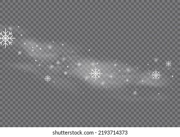 Cold wind with snow blow, winter weather with white smoke flying snowflakes. Christmas effect of a cold blizzard. Freezing breath curve trails. Flow snowy smoky stream, icy vapor. Vector illustration