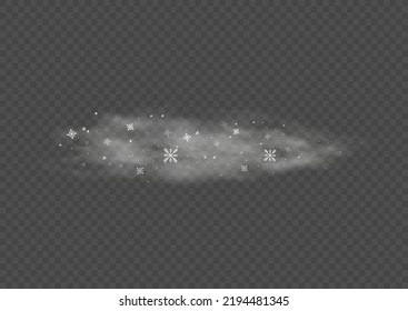 Cold wind with snow blow, winter weather with white smoke flying snowflakes. Christmas effect of a cold blizzard. Freezing breath curve trails. Flow snowy smoky stream, icy vapor. Vector illustration