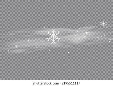 Cold wind with snow blow, winter weather with white smoke flying snowflakes. Christmas effect of a cold blizzard. Freezing breath curve trails. Flow snowy smoky stream, icy vapor. Vector illustration