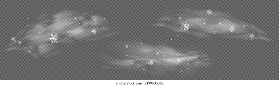 Cold wind with snow blow, winter weather with white smoke flying snowflakes. Freezing breath curve trails. Flow snowy smoky stream, icy vapor. Christmas effect of a cold blizzard. Vector illustration