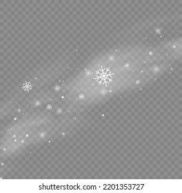 Cold wind with snow blow, winter weather with white smoke flying snowflakes. Freezing breath curve trails. Flow snowy smoky stream, icy vapor. Christmas effect of a cold blizzard. Vector illustration