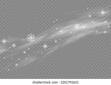 Cold wind with snow blow, winter weather with white smoke flying snowflakes. Christmas effect of a cold blizzard. Freezing breath curve trails. Flow snowy smoky stream, icy vapor. Vector illustration
