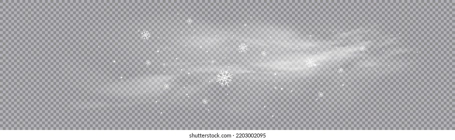 Cold wind with snow blow, winter weather with white smoke flying snowflakes. Christmas effect of a cold blizzard. Freezing breath curve trails. Flow snowy smoky stream, icy vapor. Vector illustration