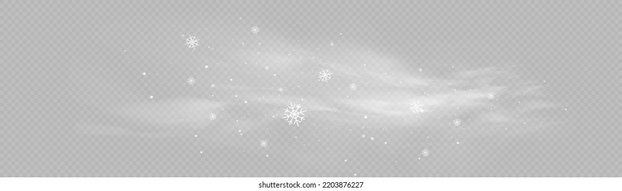 Cold wind with snow blow, winter weather with white smoke flying snowflakes. Freezing breath curve trails. Flow snowy smoky stream, icy vapor. Christmas effect of a cold blizzard. Vector illustration