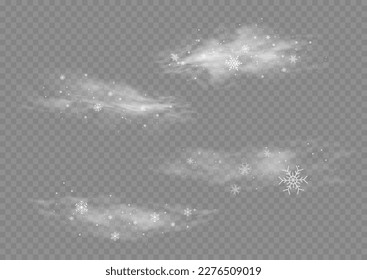 Viento frío con soplo de nieve, invierno con humo blanco volando copos de nieve. Efecto navideño de una ventisca fría. Recorridos de la curva del aliento congelante. Flujo nevado de flujo ahumado, vapor helado. Ilustración del vector
