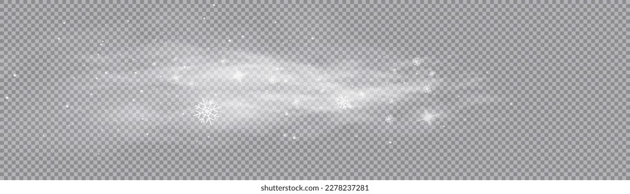 Cold wind with snow blow, winter weather with white smoke flying snowflakes. Flow snowy smoky stream, icy vapor. Freezing breath curve trails. Christmas effect of a cold blizzard. Vector illustration