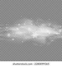 Cold wind with snow blow, winter weather with white smoke flying snowflakes. Christmas effect of a cold blizzard. Freezing breath curve trails. Flow snowy smoky stream, icy vapor. Vector illustration