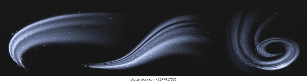 Cold wind snow swirl vector air effect on transparent background. White winter frost wave flow png. Abstract air stream motion with sparkle. Isolated realistic snowstorm trail with glow.