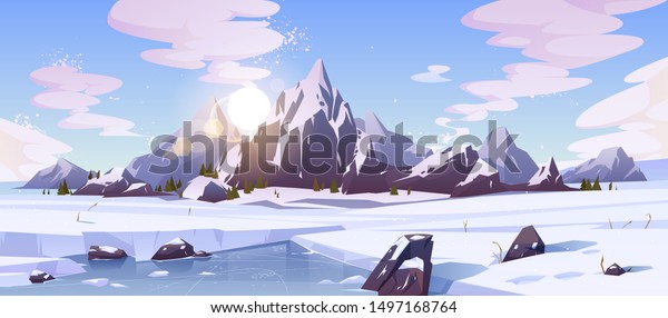 カナダの寒い冬 自然の北の自然の岩だらけの風景の漫画のベクター画像の背景に 山の雪の多い山頂 雪の原 凍った川 湖のイラストの上に朝の日が昇る のベクター画像素材 ロイヤリティフリー