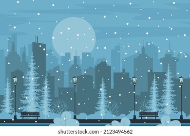 Cold winter city park. Modern city building with snow background 