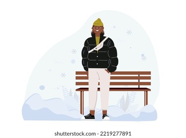 Cold winter concept. Woman in warm black jacket and yellow hat. Winter time of year, character stands in nature with snow, season. Poster or banner for website. Cartoon flat vector illustration