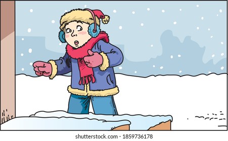 Día del invierno frío, un niño con una chaqueta de invierno